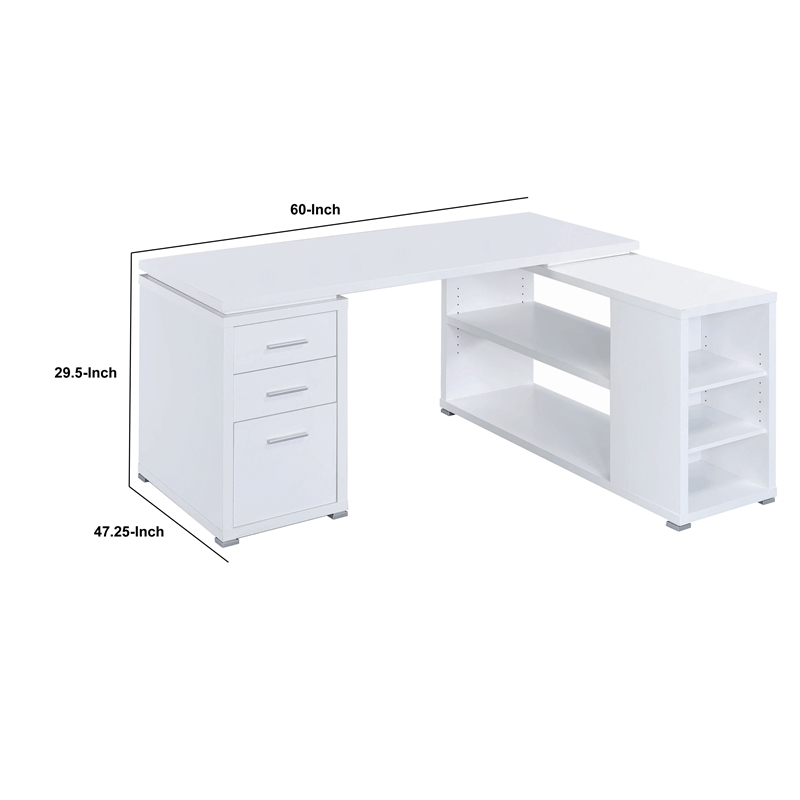 Benjara Contemporary L Shaped Office Desk with 3 Drawers and Shelves- White