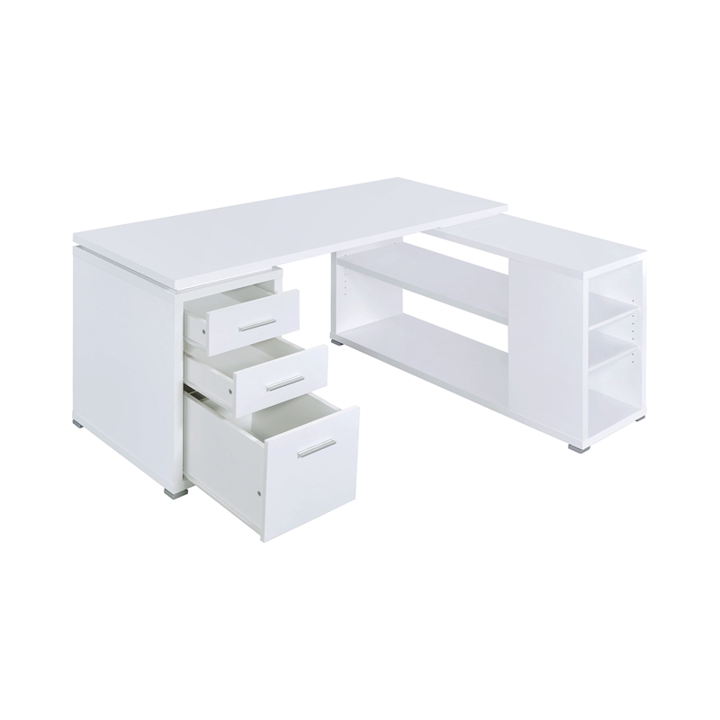 Benjara Contemporary L Shaped Office Desk with 3 Drawers and Shelves- White