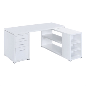 Benjara Contemporary L Shaped Office Desk with 3 Drawers and Shelves- White