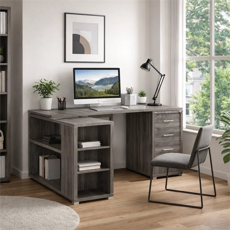 Benjara Modern Style Wooden Office Desk- Gray
