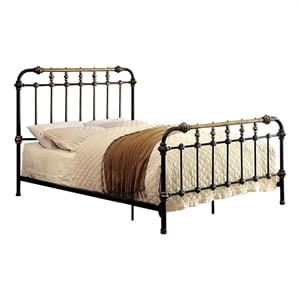 Benjara Curved Headboard Metal Full Size Bed with Spindles- Black and Gold