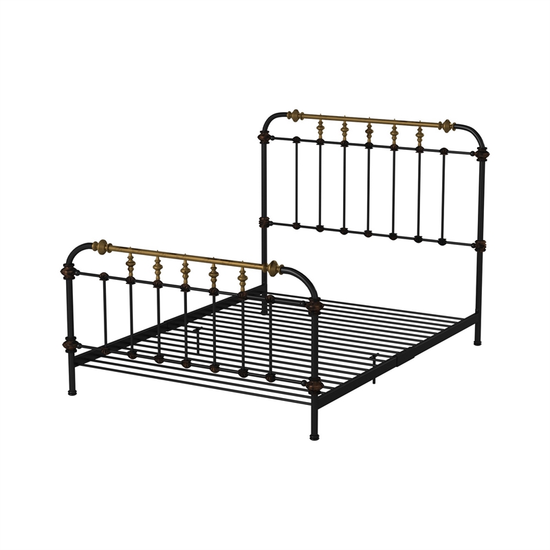 Benjara Transitional Queen Metal Bed- Black and Gold