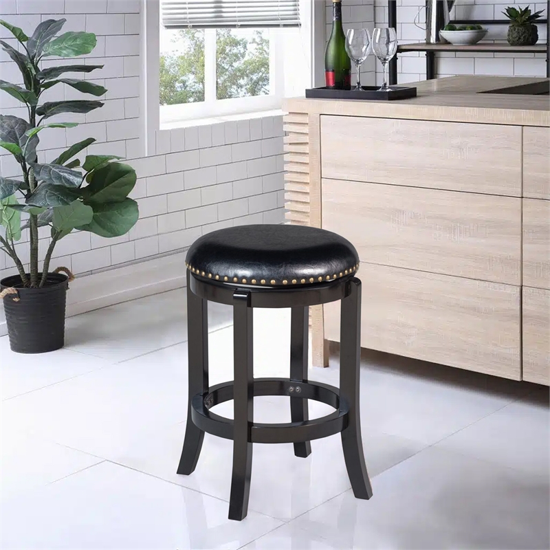 Benjara Nailhead Trim Round Leatherette Swivel Counter Stool w/ Flared Leg-Black