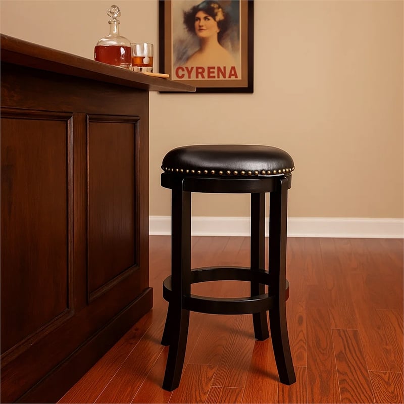 Benjara Nailhead Trim Round Leatherette Swivel Counter Stool w/ Flared Leg-Black