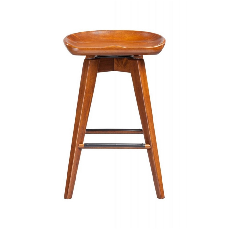 Benjara Contoured Seat Wooden Swivel Counter Stool with Angled Legs-Walnut Brown
