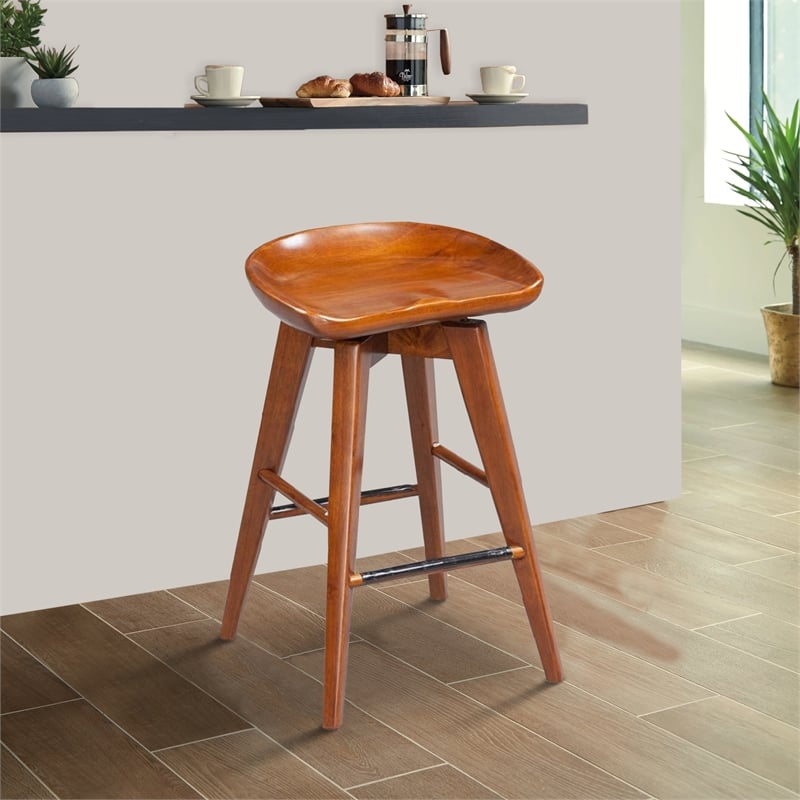 Benjara Contoured Seat Wooden Swivel Counter Stool with Angled Legs-Walnut Brown