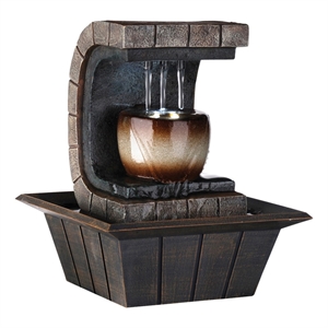Benjara C Shaped Polyresin Frame Fountain with Tapered Base & LED Lights- Brown