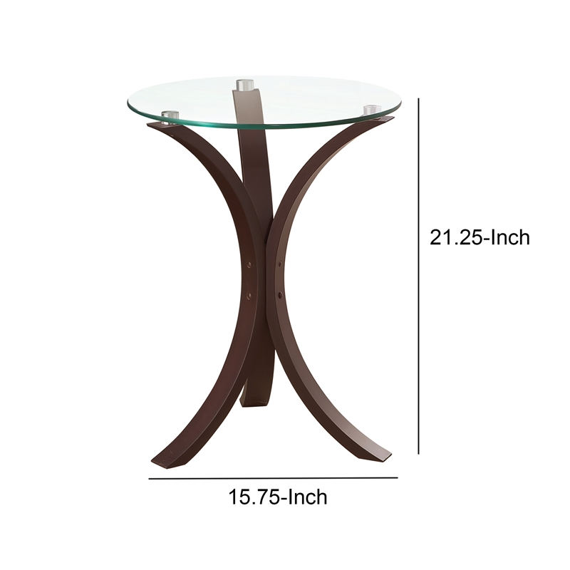 Benjara Contemporary Wood Accent Table- Tempered Glass Top- Brown- Clear