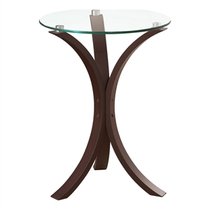 Benjara Contemporary Wood Accent Table- Tempered Glass Top- Brown- Clear