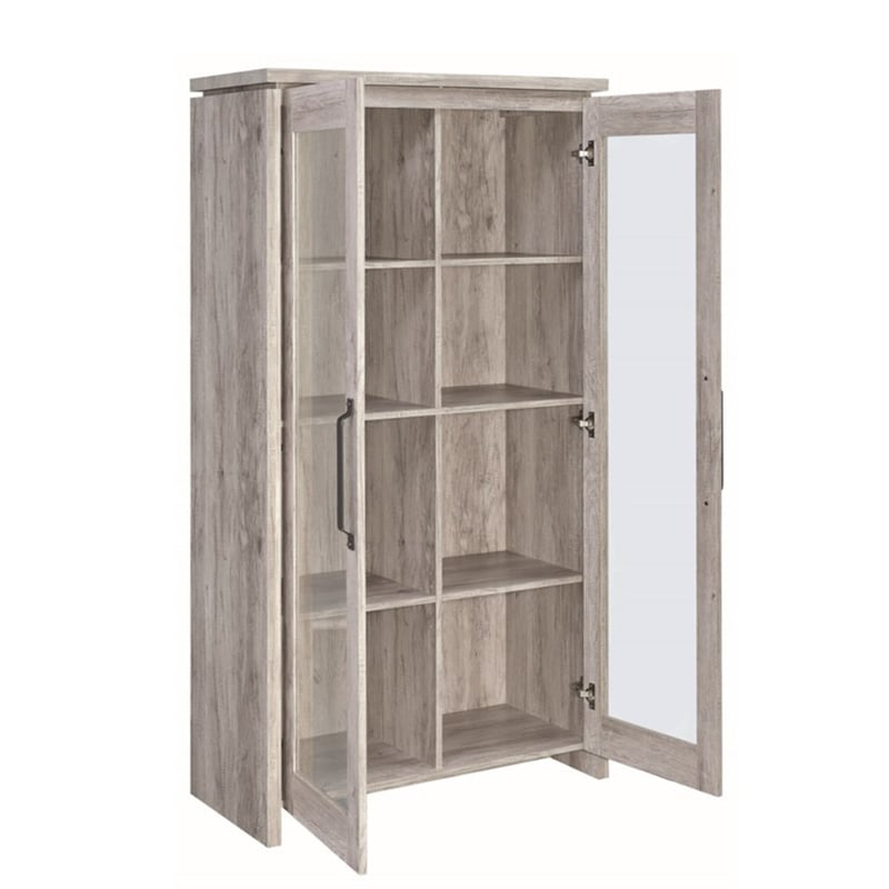 Benjara 2 Door Curio Cabinet with Glass Panels- Adjustable Shelves- Gray