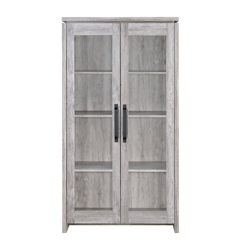 Benjara 2 Door Curio Cabinet with Glass Panels- Adjustable Shelves- Gray