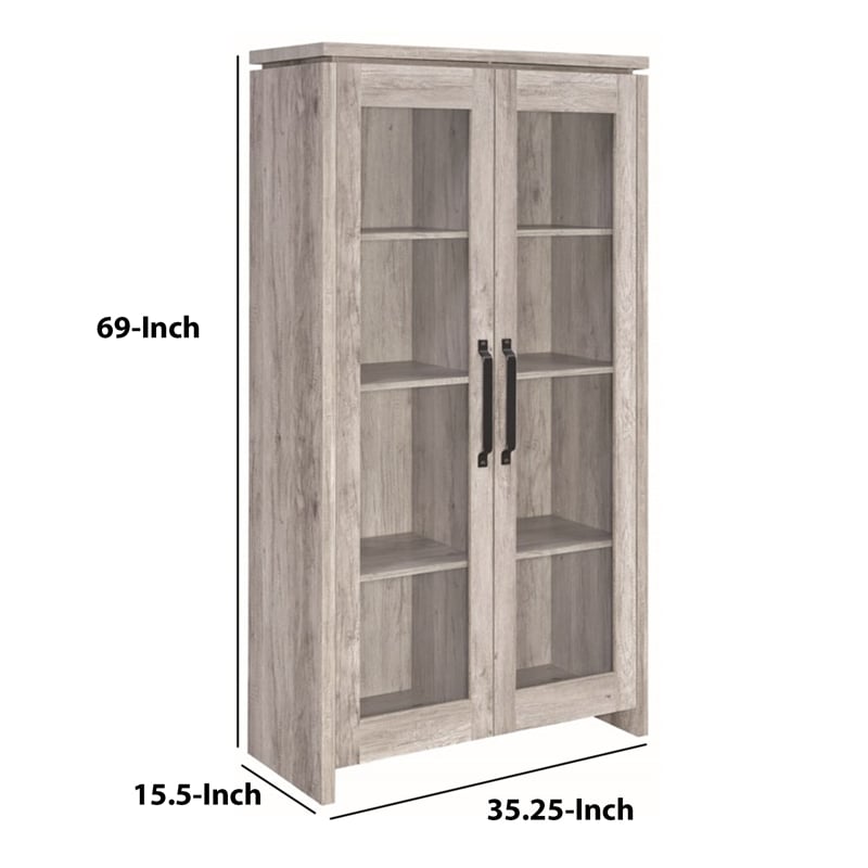Benjara 2 Door Curio Cabinet with Glass Panels- Adjustable Shelves- Gray