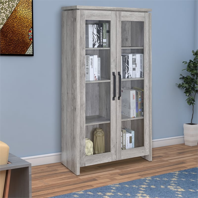 Benjara 2 Door Curio Cabinet with Glass Panels- Adjustable Shelves- Gray