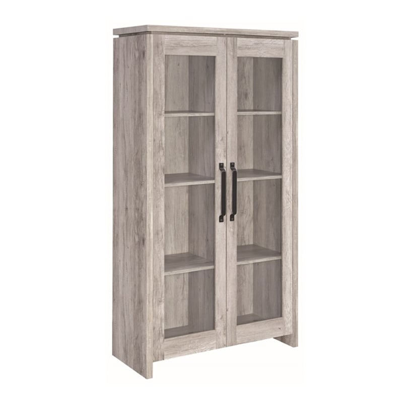 Benjara 2 Door Curio Cabinet with Glass Panels- Adjustable Shelves- Gray