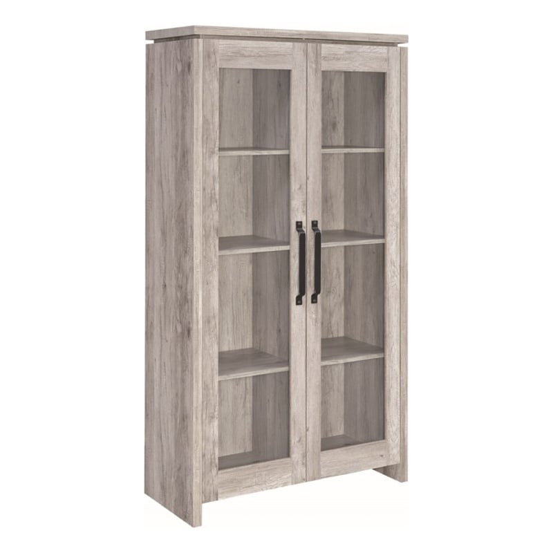 Benjara 2 Door Curio Cabinet with Glass Panels- Adjustable Shelves- Gray