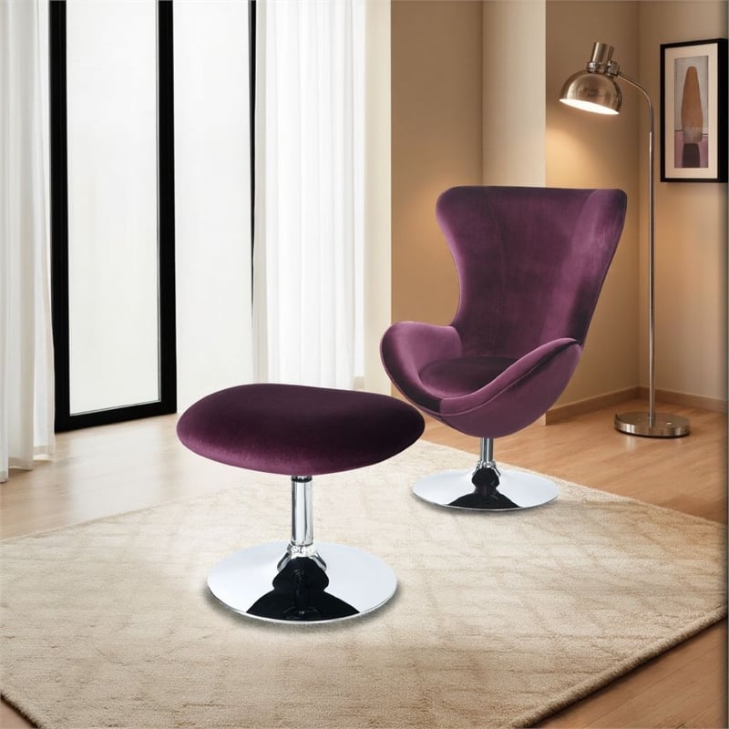 Benjara Fabric Curved Design Chair with Ottoman & Tubular Base (Set of 2)-Purple