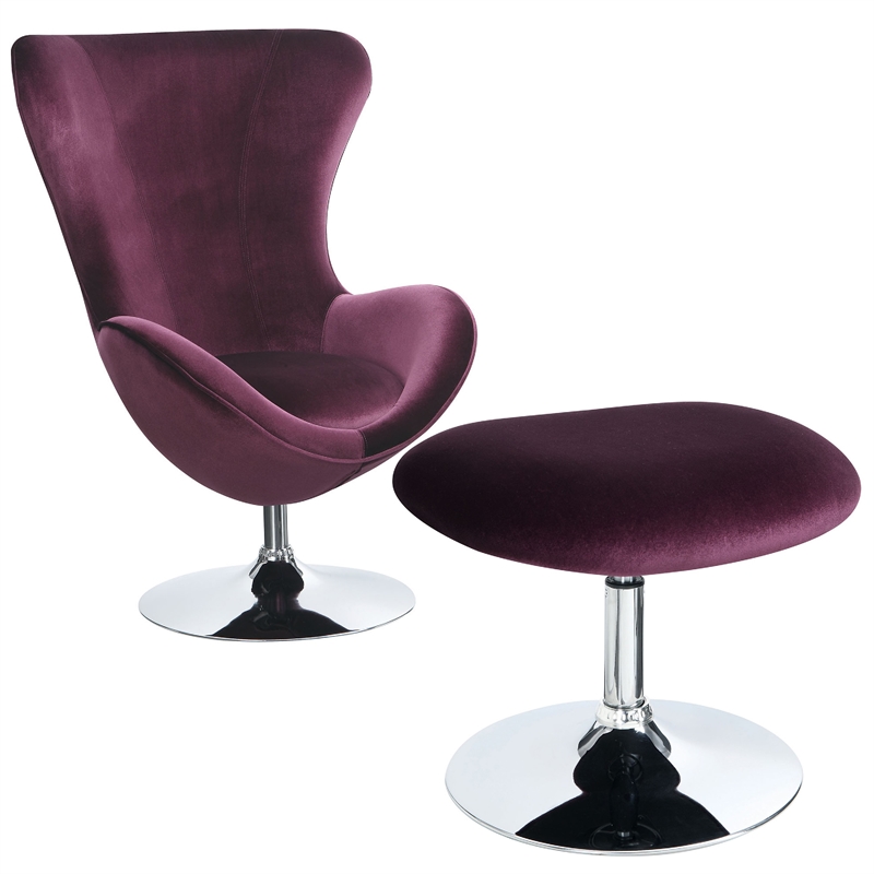 Benjara Fabric Curved Design Chair with Ottoman & Tubular Base (Set of 2)-Purple