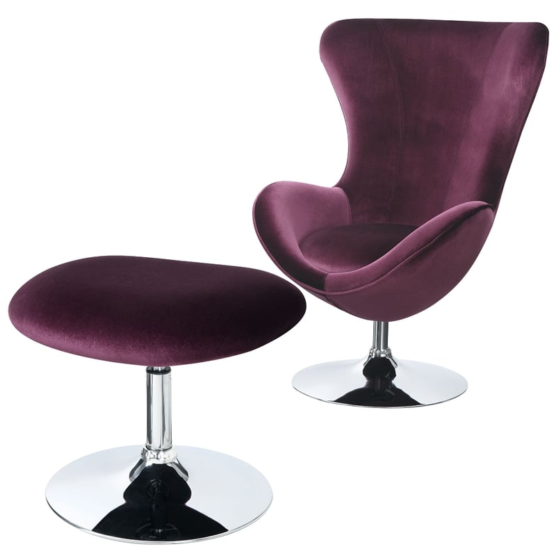 Benjara Fabric Curved Design Chair with Ottoman & Tubular Base (Set of 2)-Purple