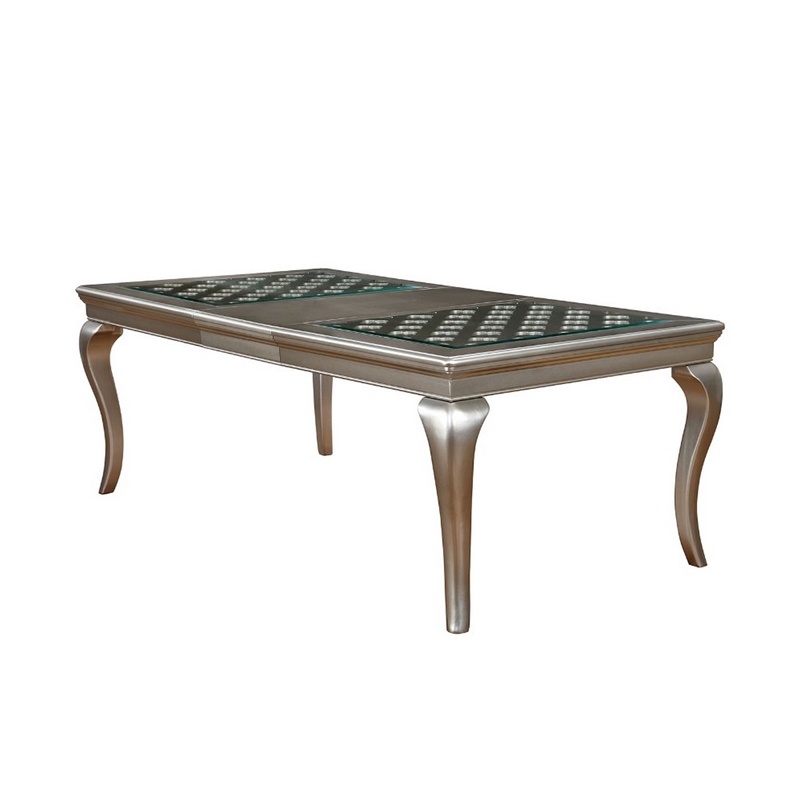 Benjara Glass Inserted Wooden Dining Table With Expandable Leaf- Silver