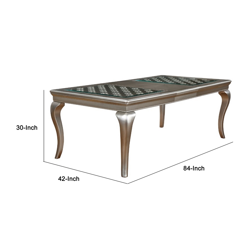 Benjara Glass Inserted Wooden Dining Table With Expandable Leaf- Silver