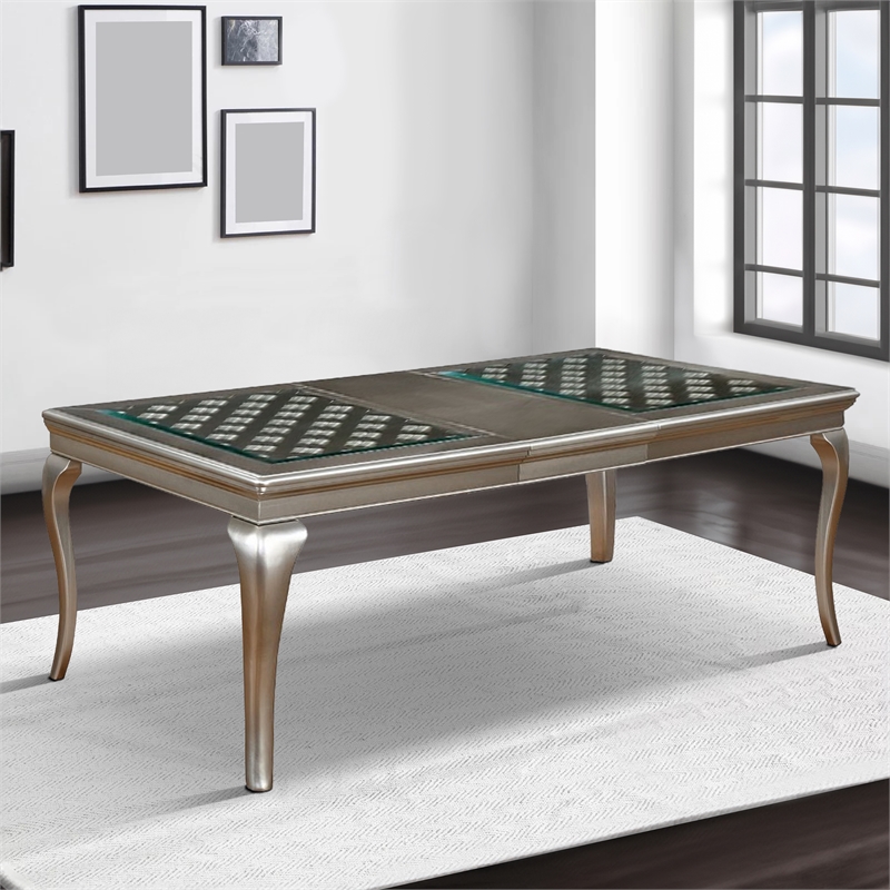Benjara Glass Inserted Wooden Dining Table With Expandable Leaf- Silver