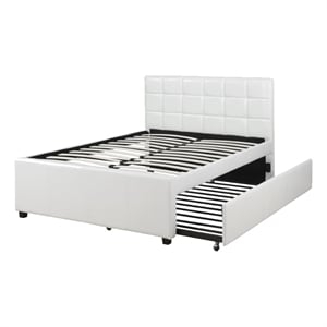 Benjara Gracious Wooden Full Bed With Trundle And SQU Tufted HB- White