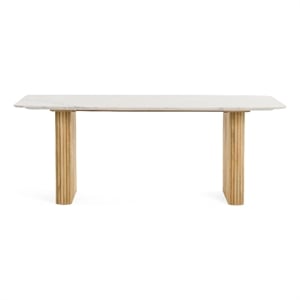 Benjara Cid Jolie Dining Table- Fluted Brown Wood- 79&quot Carrara Marble Top