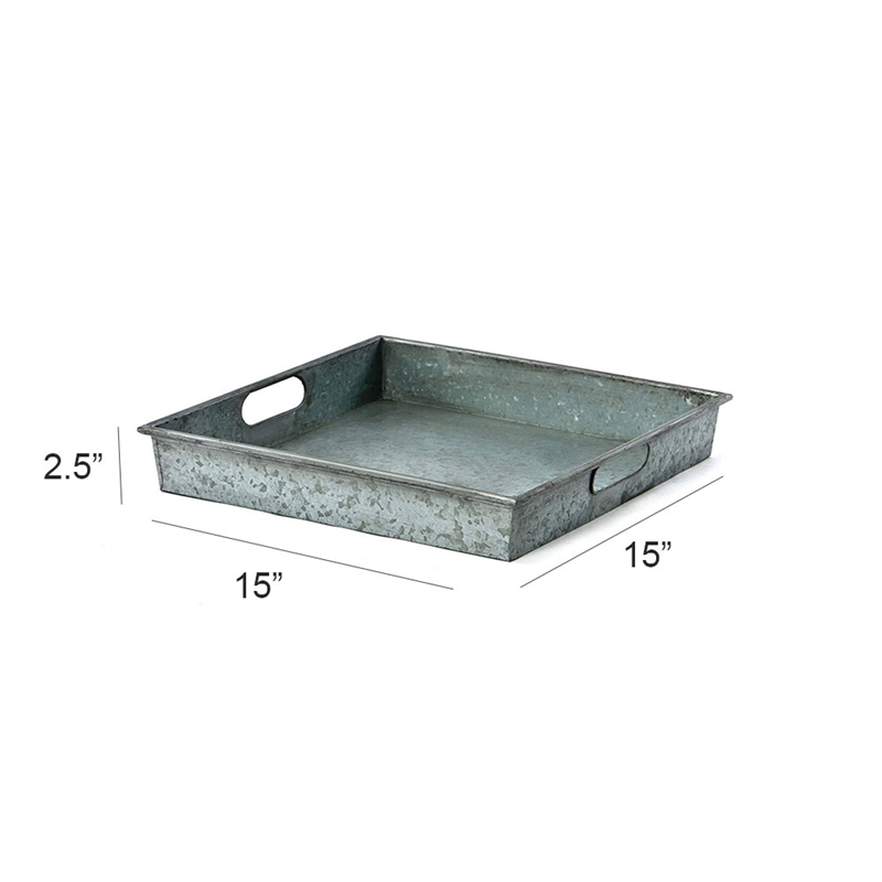 Benjara Benzara Square Galvanized Metal Tray With Handle- Gray