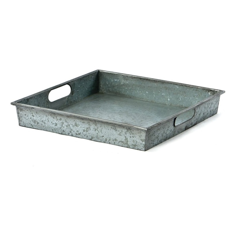 Benjara Benzara Square Galvanized Metal Tray With Handle- Gray