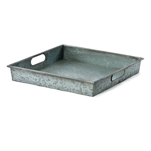 Benjara Benzara Square Galvanized Metal Tray With Handle- Gray
