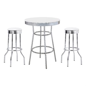 Benjara Loy 3 Piece Retro Bar Table Set- Round White Top- 2 Stools- Chrome