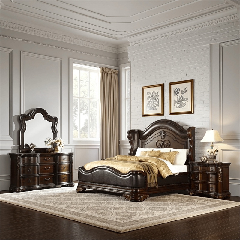 Benjara Rise 4 PC Queen Bedroom Set- Arched Wing Design/Brown