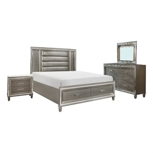 Benjara Deci 4 Pc Queen Bedroom- LED Headboard- Mirrored Trim- Champagne Silver