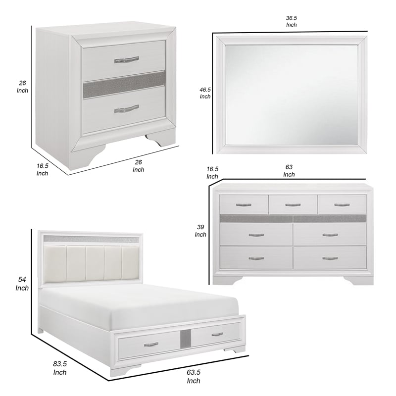 Benjara Lucy 4 Pc Queen Bedroom Set- Faux Leather Channel Tufted- Silver/White