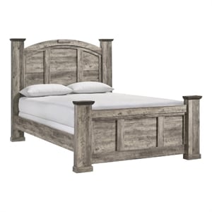 Benjara Elaya King Panel Bed- Arched Crown Headboard- Weathered Gray Wood