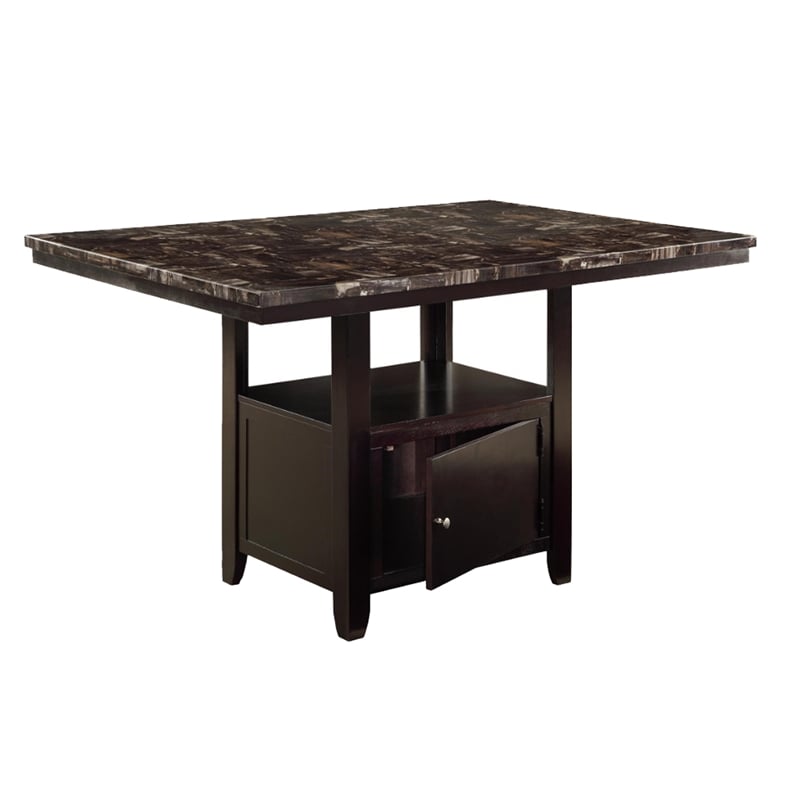 Benjara Faux Marble Top Counter Height Table With Bottom Compartment- Brown