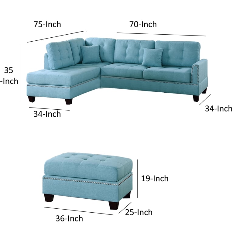 Benjara Polyfiber 3 Piece Sectional Set With Plush Cushion In Blue
