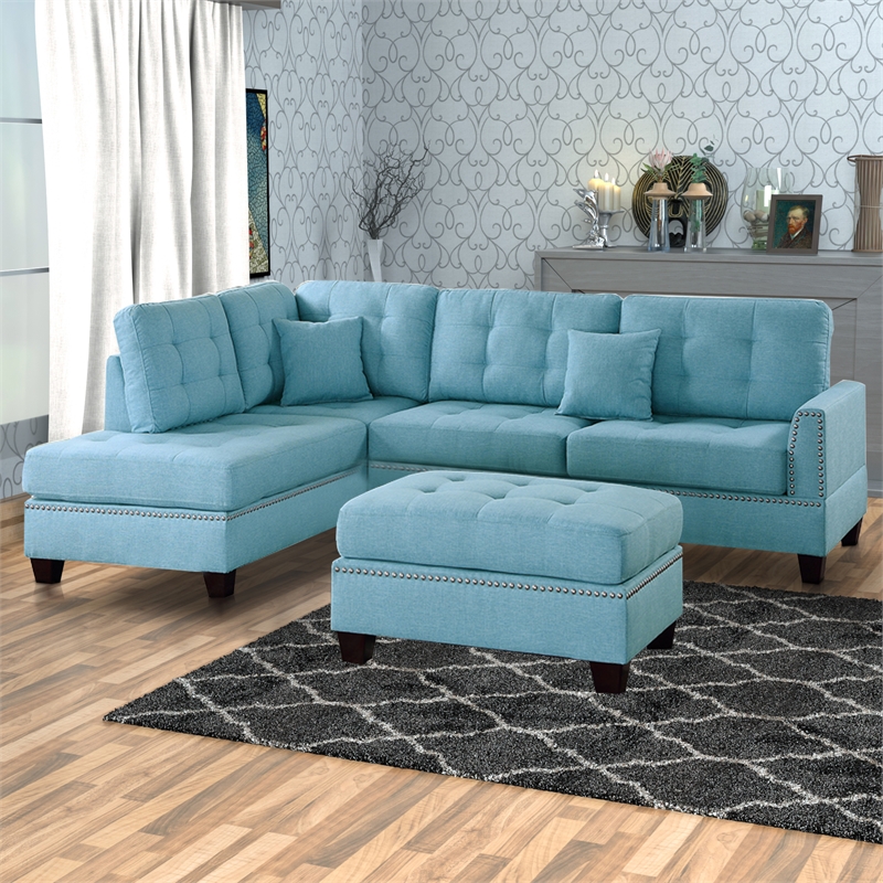 Benjara Polyfiber 3 Piece Sectional Set With Plush Cushion In Blue