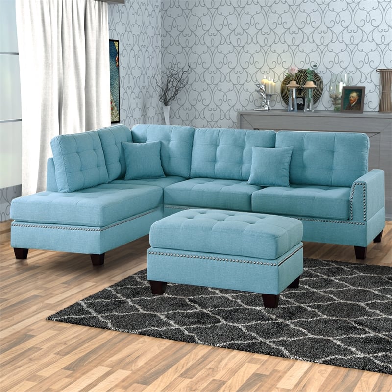 Benjara Polyfiber 3 Piece Sectional Set With Plush Cushion In Blue