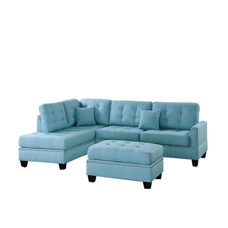 Benjara Polyfiber 3 Piece Sectional Set With Plush Cushion In Blue