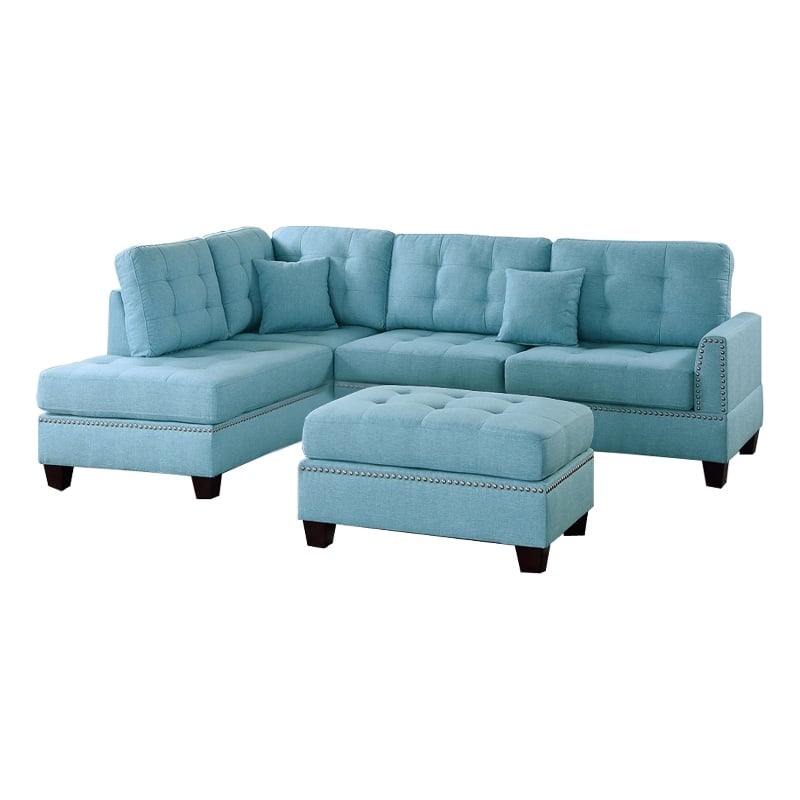 Benjara Polyfiber 3 Piece Sectional Set With Plush Cushion In Blue