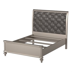 Benjara Opulent Wooden Queen Bed With Silver PU Tufted HB- Shinny Silver Finish