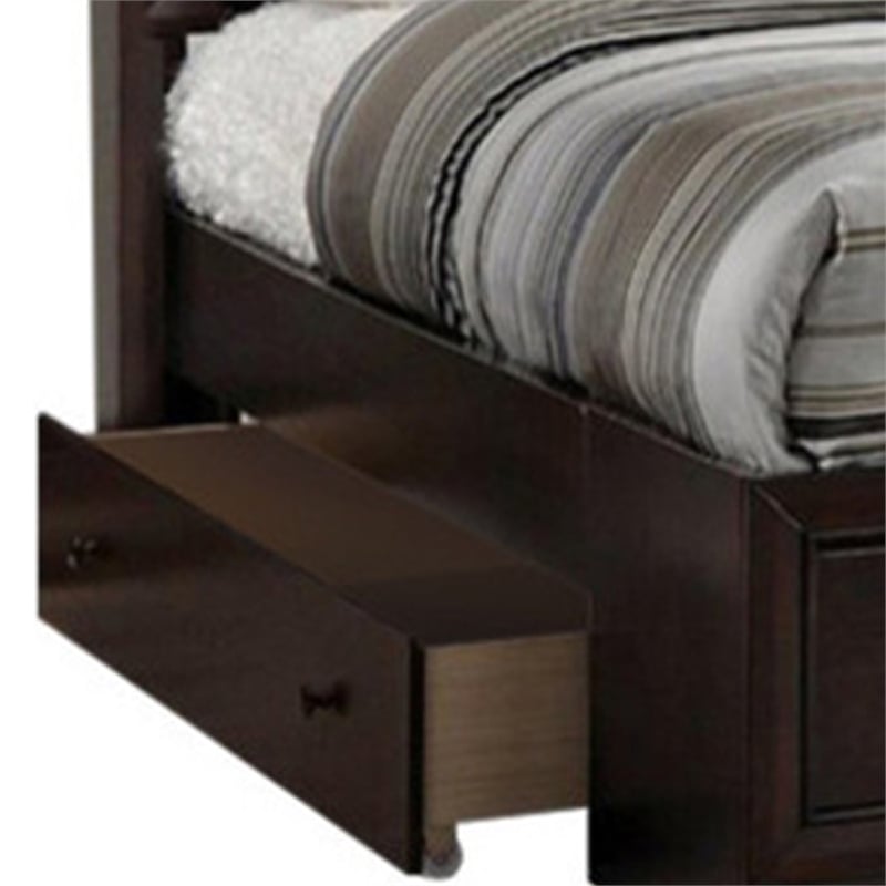 Benjara Wooden Eastern King Bed w/Display Shelves & Under Bed Drawers-Dark Brown