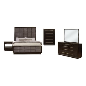 Benjara Lyni 5pc Tall Queen Bedroom Set- Gold Accents- Brown- Gray Upholstery