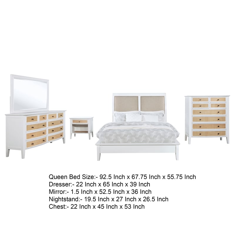 Benjara Heo 5pc Queen Bedroom Set- Rattan Woven Drawer- Brown Fabric- White
