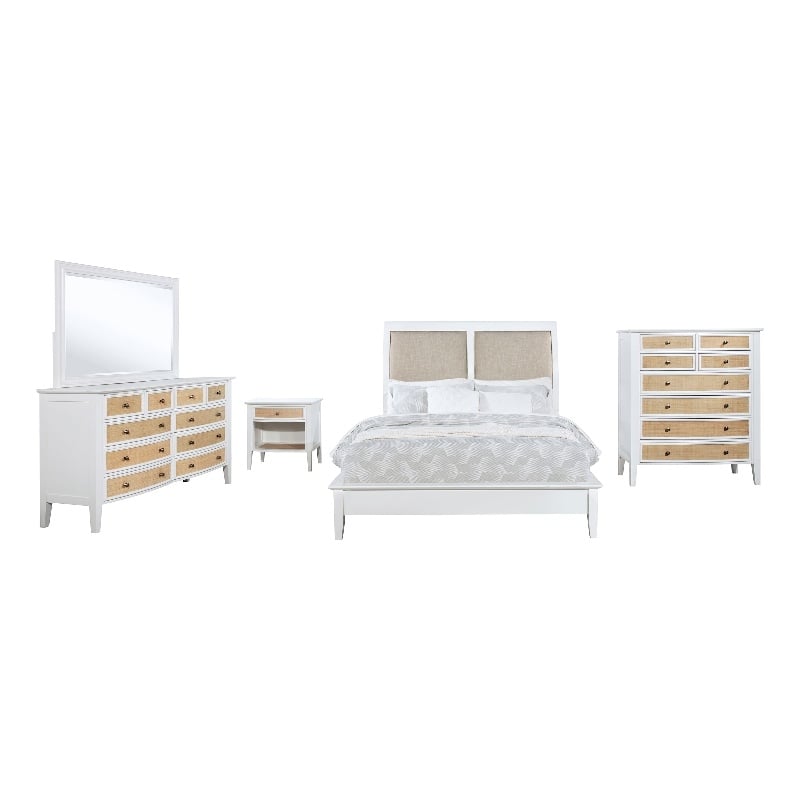 Benjara Heo 5pc Queen Bedroom Set- Rattan Woven Drawer- Brown Fabric- White