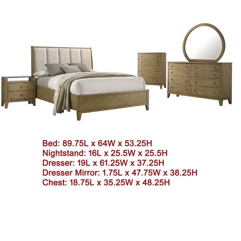 Benjara Heon 5pc Queen Bedroom Set- Beige Tufted Headboard- Natural Brown