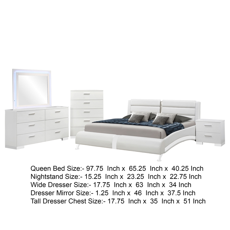Benjara Zor 5pc Queen Size Bedroom Set- White Faux Leather and LED Mirror