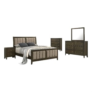 Benjara WIly 5 Piece Queen Bedroom Set- Dark Brown- Beige Upholstery- Nickel