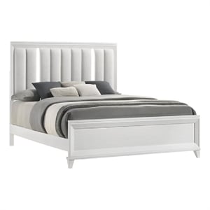 Benjara Ressy Queen Platform Bed with LED- Channel Tufted Upholstery- White Wood